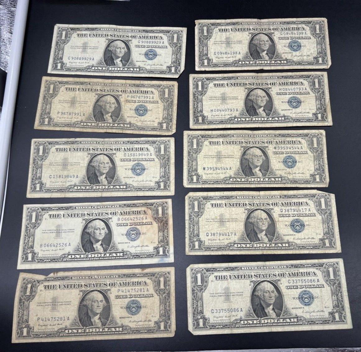 Lot of 10 1957 $1 One Dollar Blue Seal Silver Certificate Note Bills CULL #281