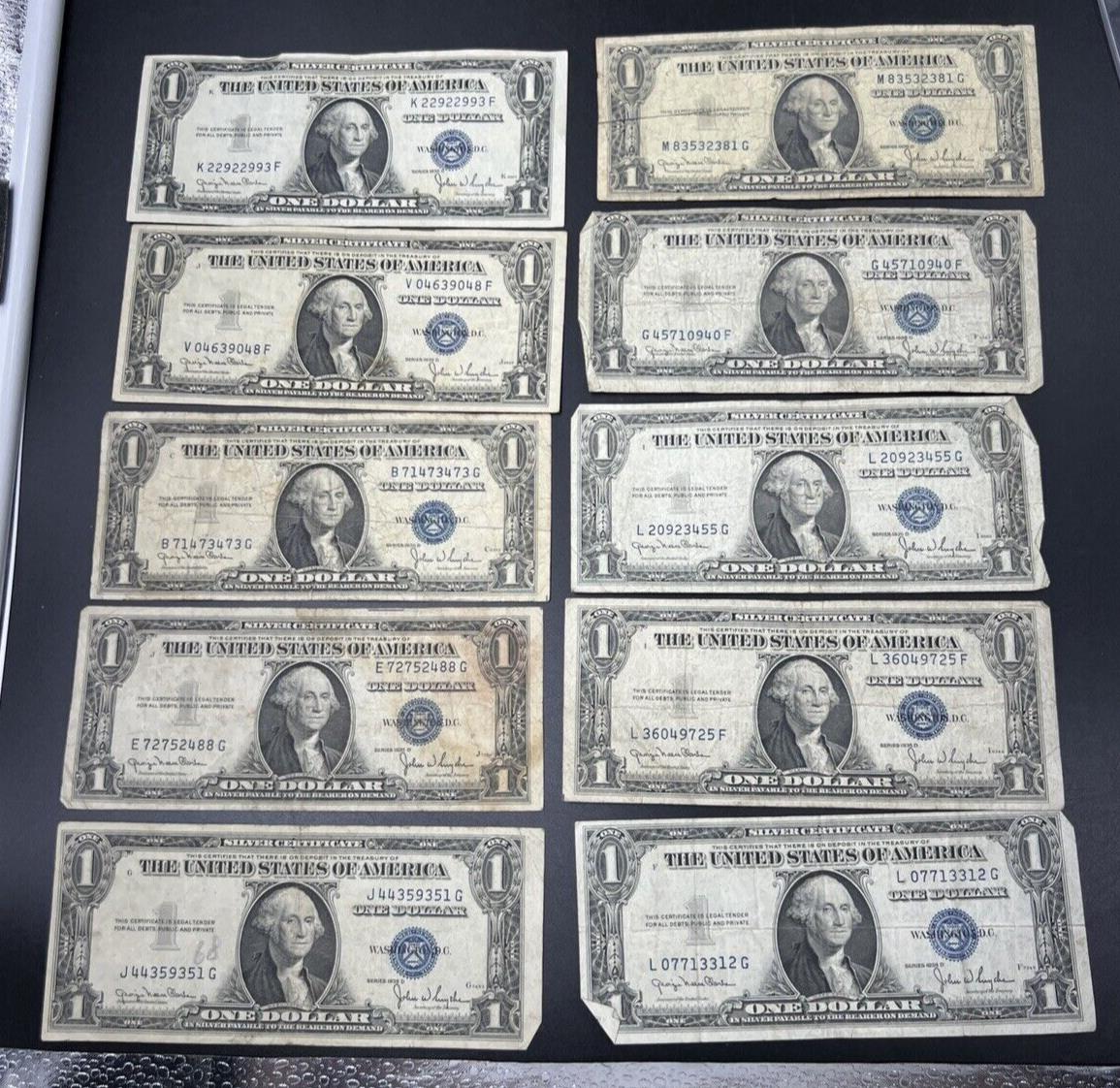 Lot of 10 1935 D $1 Silver Certificate Blue Seal Note VG Wide & Narrow Margin VG