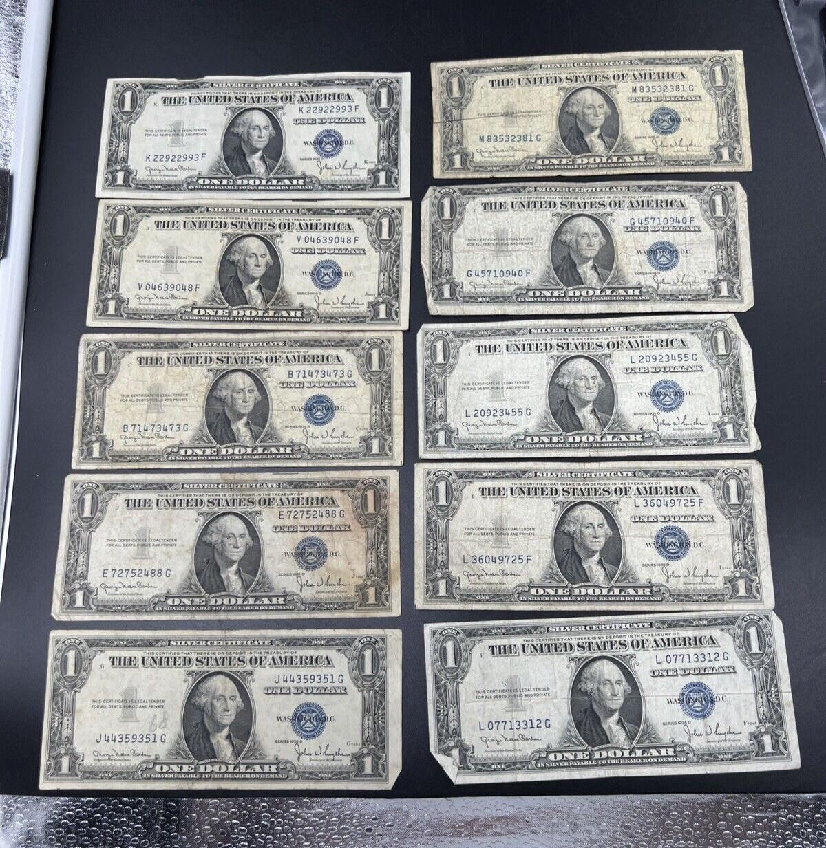 Lot of 10 1935 D $1 Silver Certificate Blue Seal Note VG Wide & Narrow Margin VG