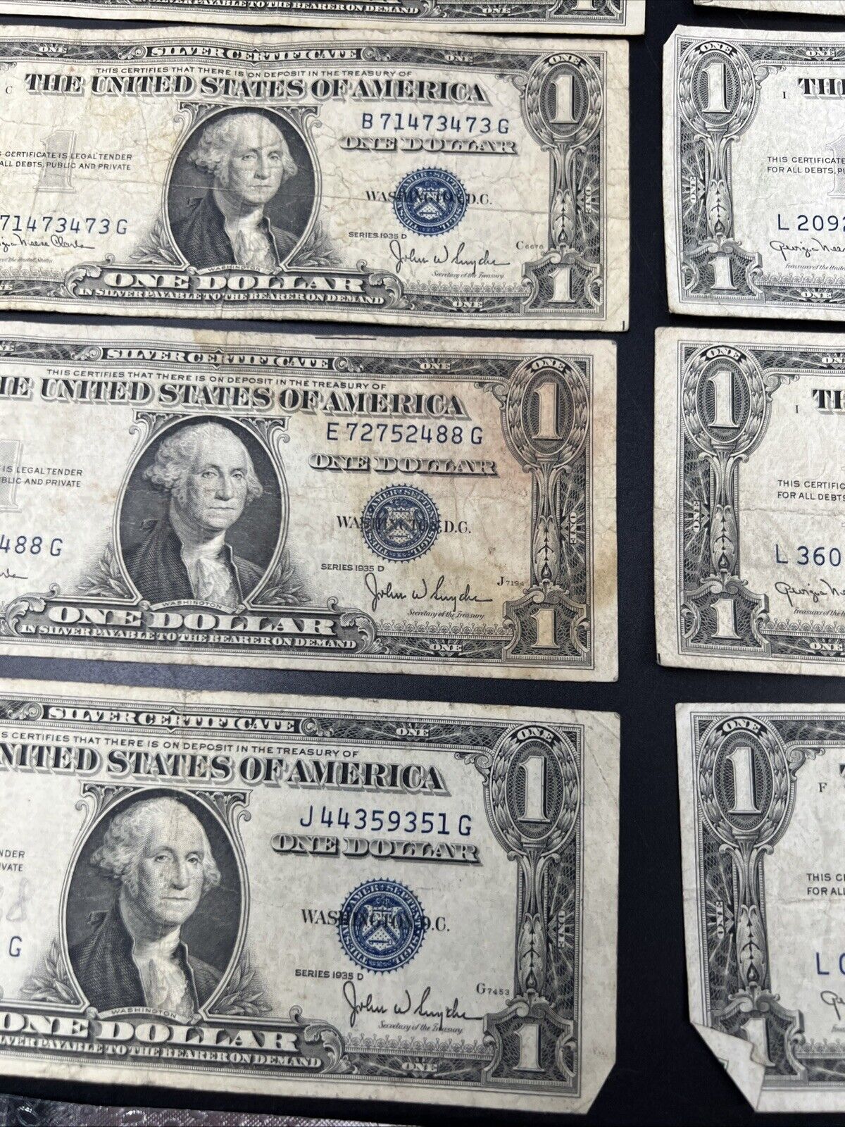 Lot of 10 1935 D $1 Silver Certificate Blue Seal Note VG Wide & Narrow Margin VG