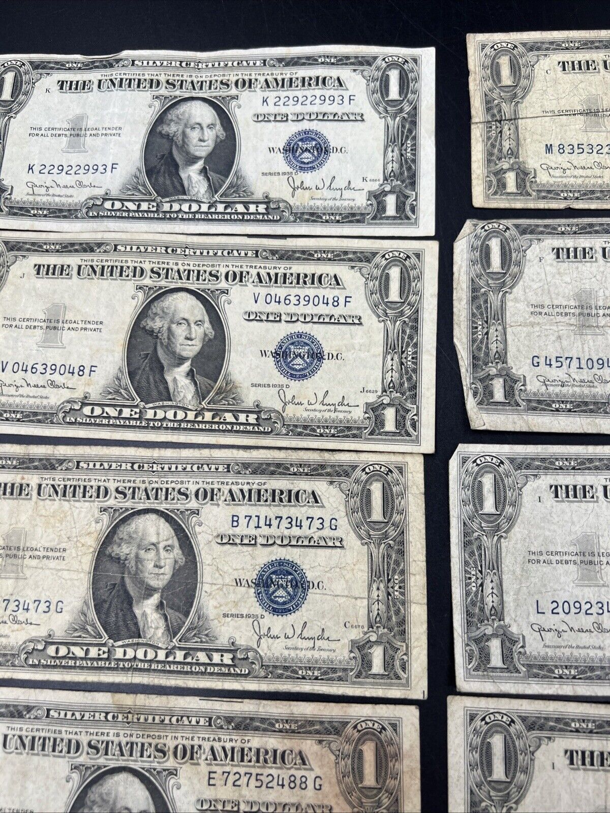 Lot of 10 1935 D $1 Silver Certificate Blue Seal Note VG Wide & Narrow Margin VG