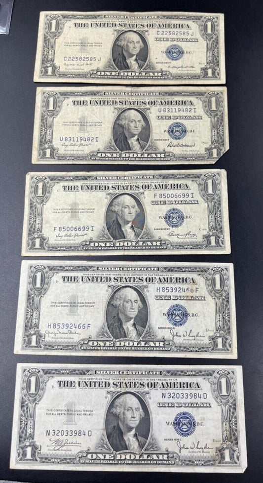 5 Note 1935 C D E F G $1 One Dollar Blue Note Silver Certificate Set Lot VG/F #4