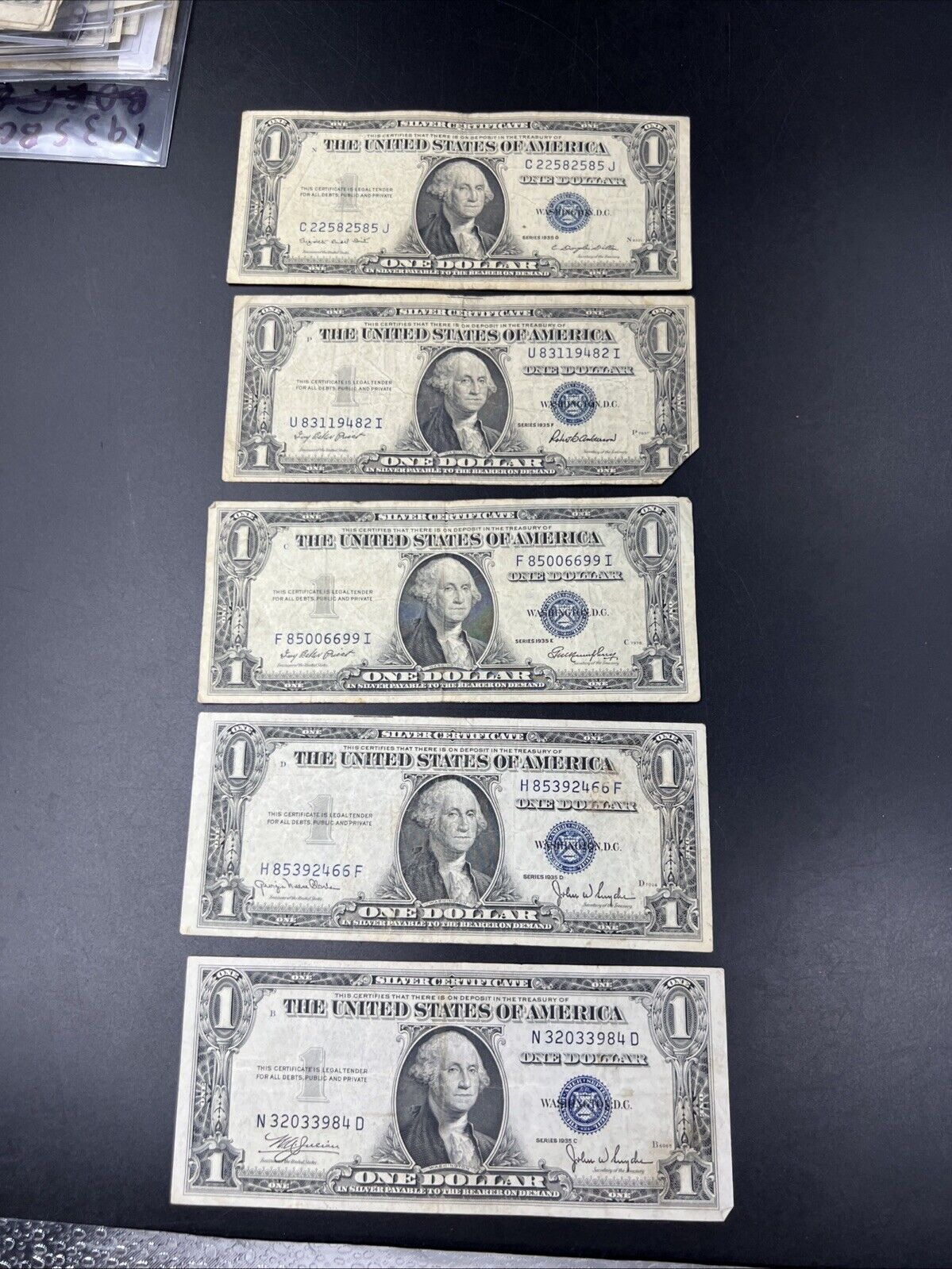 5 Note 1935 C D E F G $1 One Dollar Blue Note Silver Certificate Set Lot VG/F #4