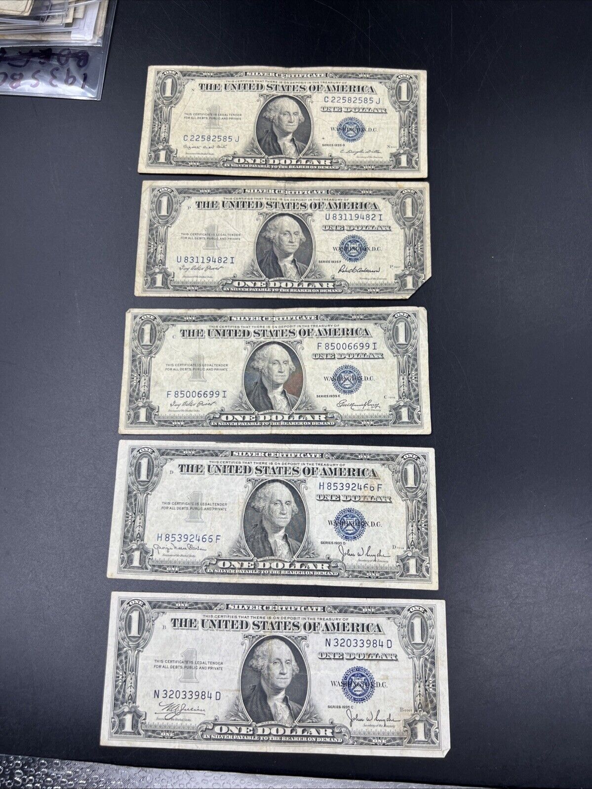 5 Note 1935 C D E F G $1 One Dollar Blue Note Silver Certificate Set Lot VG/F #4