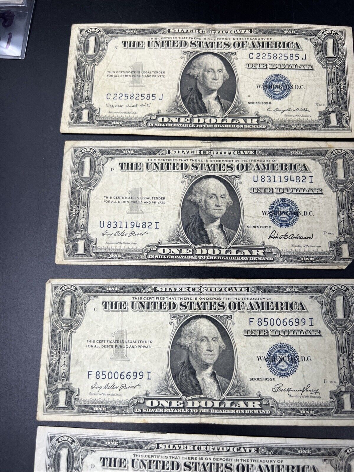 5 Note 1935 C D E F G $1 One Dollar Blue Note Silver Certificate Set Lot VG/F #4