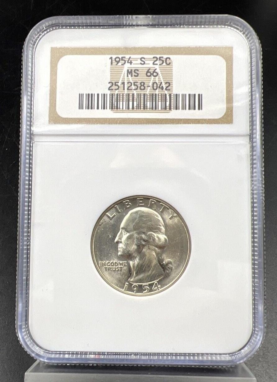 1954 S 25c Washington Silver Quarter Coin NGC MS66 Gem BU Certified #042