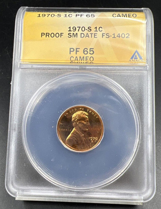 1970 S 1c FS-1402 Small Date Variety Lincoln Memorial Cent Coin PF65 Cameo ANACS