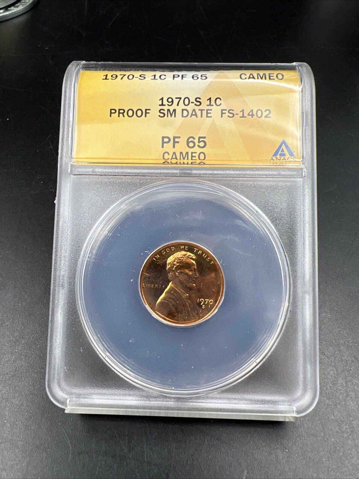 1970 S 1c FS-1402 Small Date Variety Lincoln Memorial Cent Coin PF65 Cameo ANACS