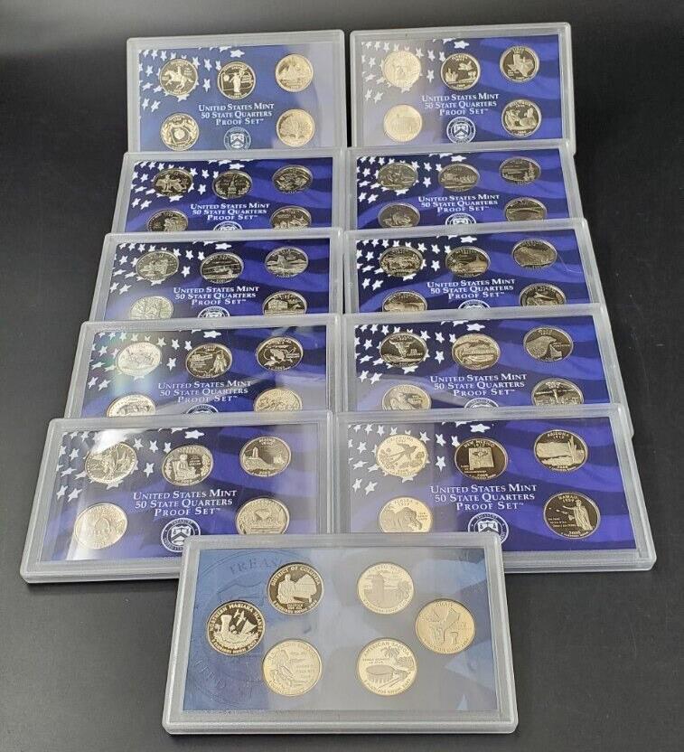 1999 - 2009 U.S. Mint Proof State Quarters 11 Sets CLAD without BOX - COA