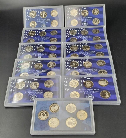 1999 - 2009 U.S. Mint Proof State Quarters 11 Sets CLAD without BOX - COA