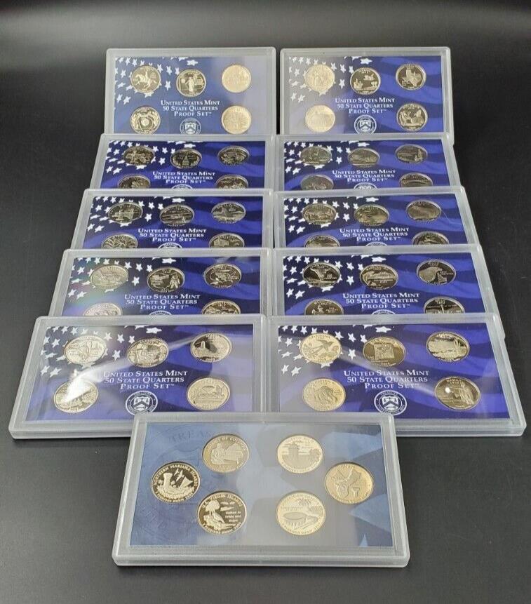 1999 - 2009 U.S. Mint Proof State Quarters 11 Sets CLAD without BOX - COA