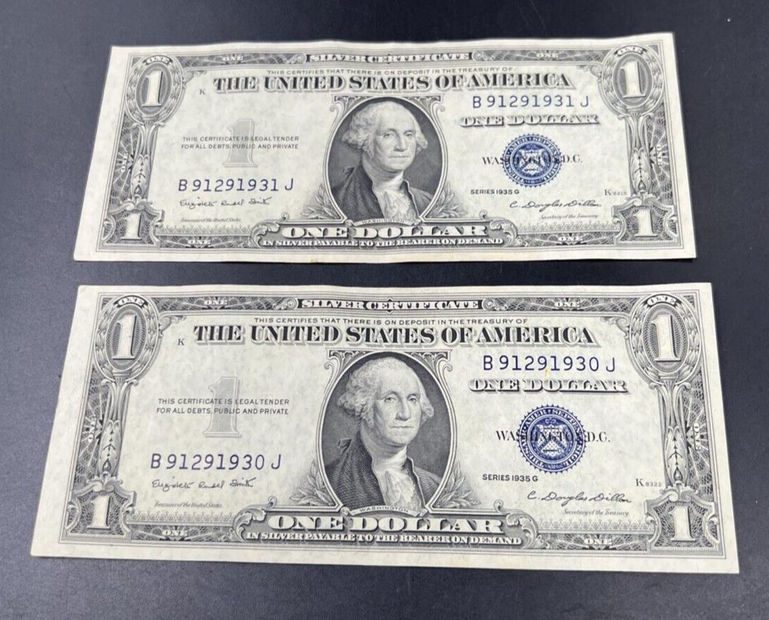 2 Consecutive 1935 G $1 One Dollar Silver Certificate Note Bills AU Circ #930