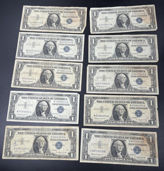 Lot of 10 1957 $1 One Dollar Blue Seal Silver Certificate Note Bills VG #290