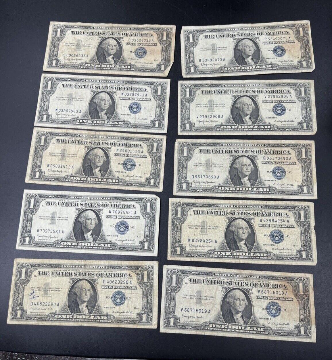 Lot of 10 1957 $1 One Dollar Blue Seal Silver Certificate Note Bills VG #290