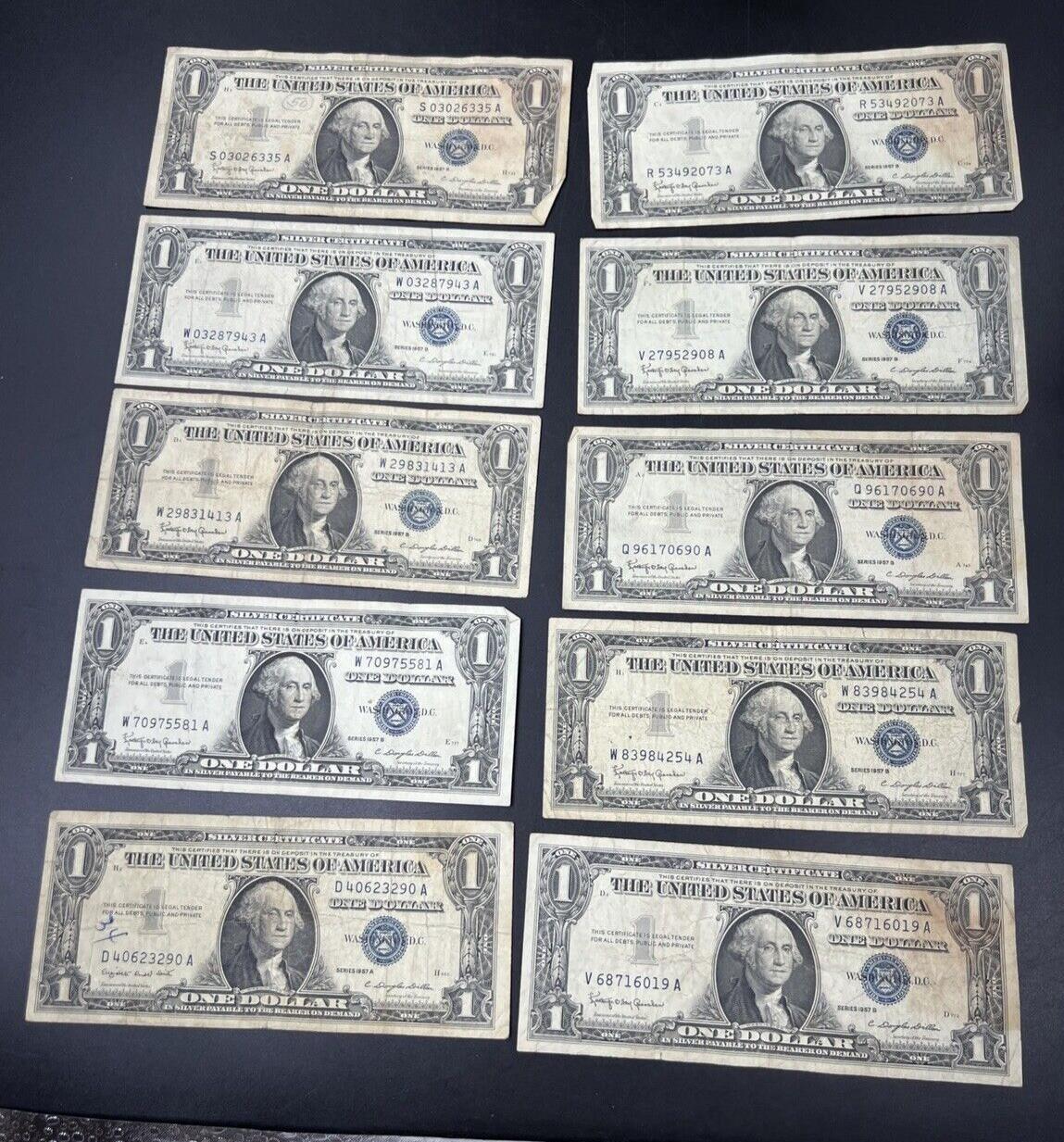 Lot of 10 1957 $1 One Dollar Blue Seal Silver Certificate Note Bills VG #290