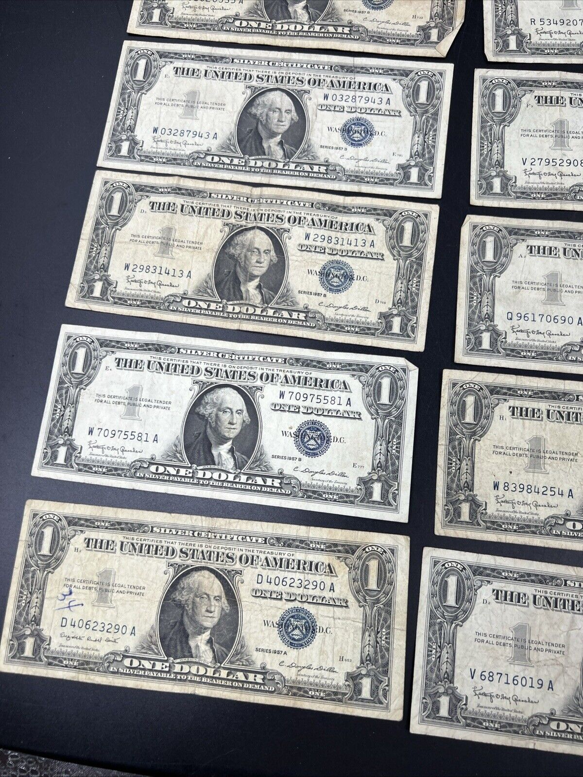 Lot of 10 1957 $1 One Dollar Blue Seal Silver Certificate Note Bills VG #290