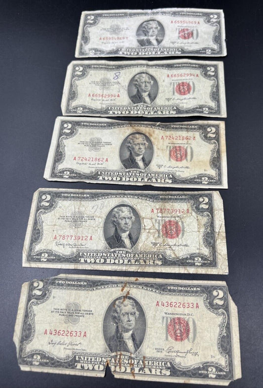 Lot of 5 Cull 1953 $2 Red Seal Legal Tender Currency Note Bills #633