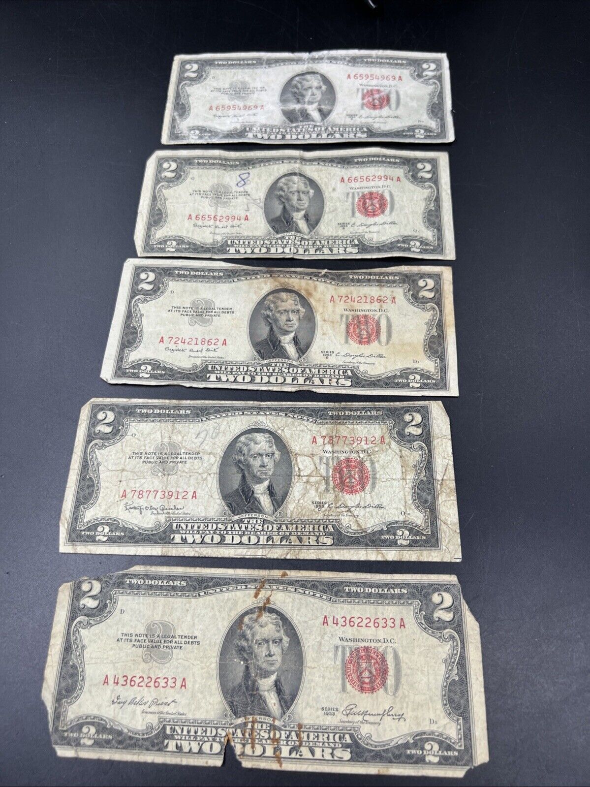 Lot of 5 Cull 1953 $2 Red Seal Legal Tender Currency Note Bills #633