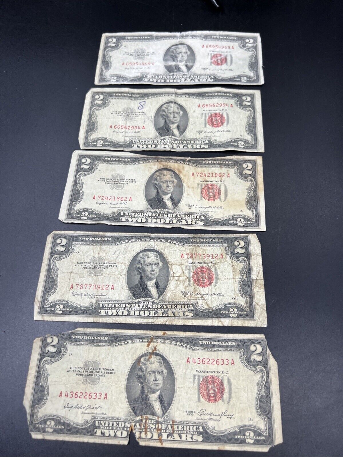 Lot of 5 Cull 1953 $2 Red Seal Legal Tender Currency Note Bills #633