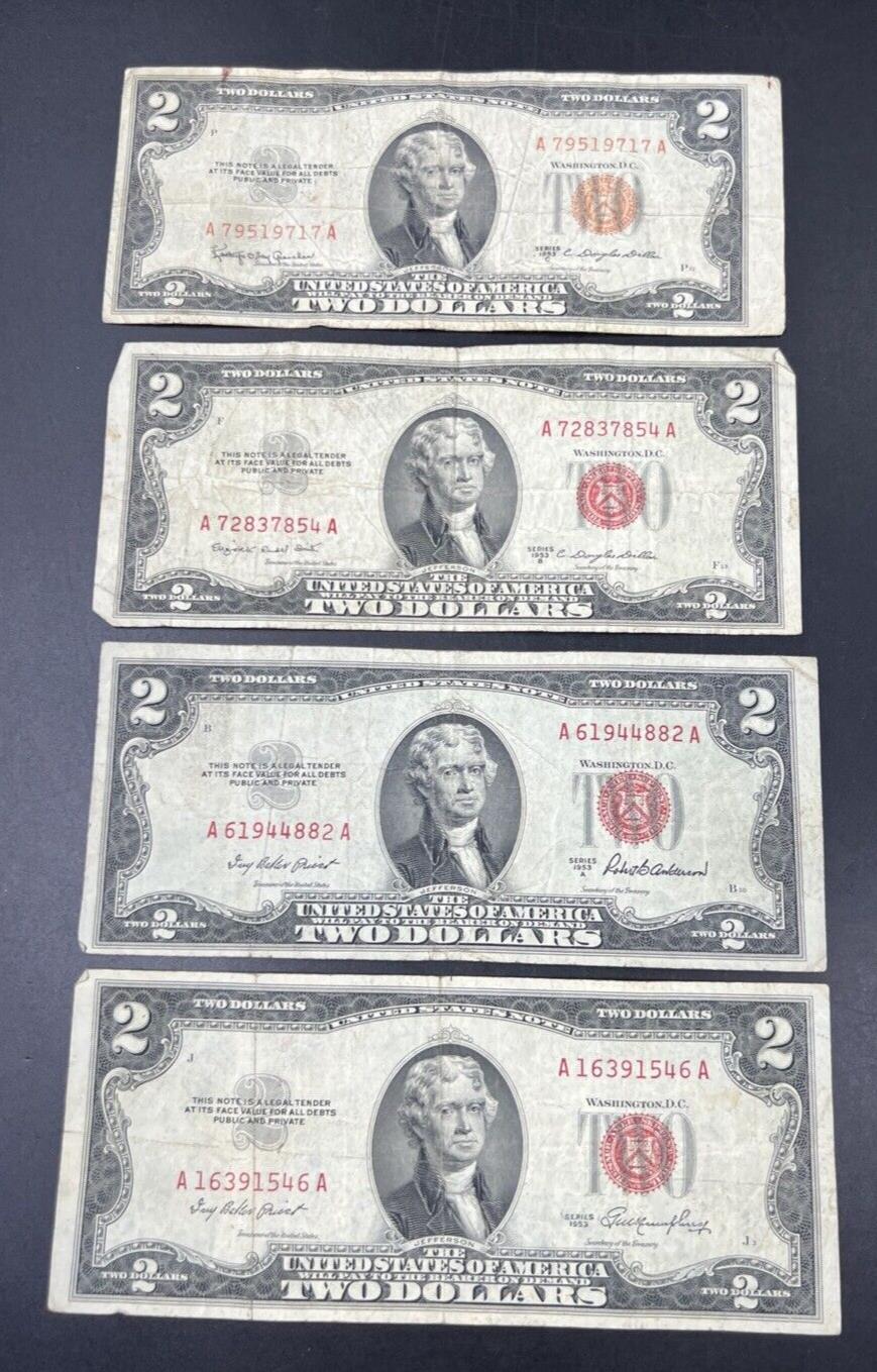 4 NOTE SET 1953 + A B & C $2 Red Seal Legal Tender Currency Note Bills VG #546