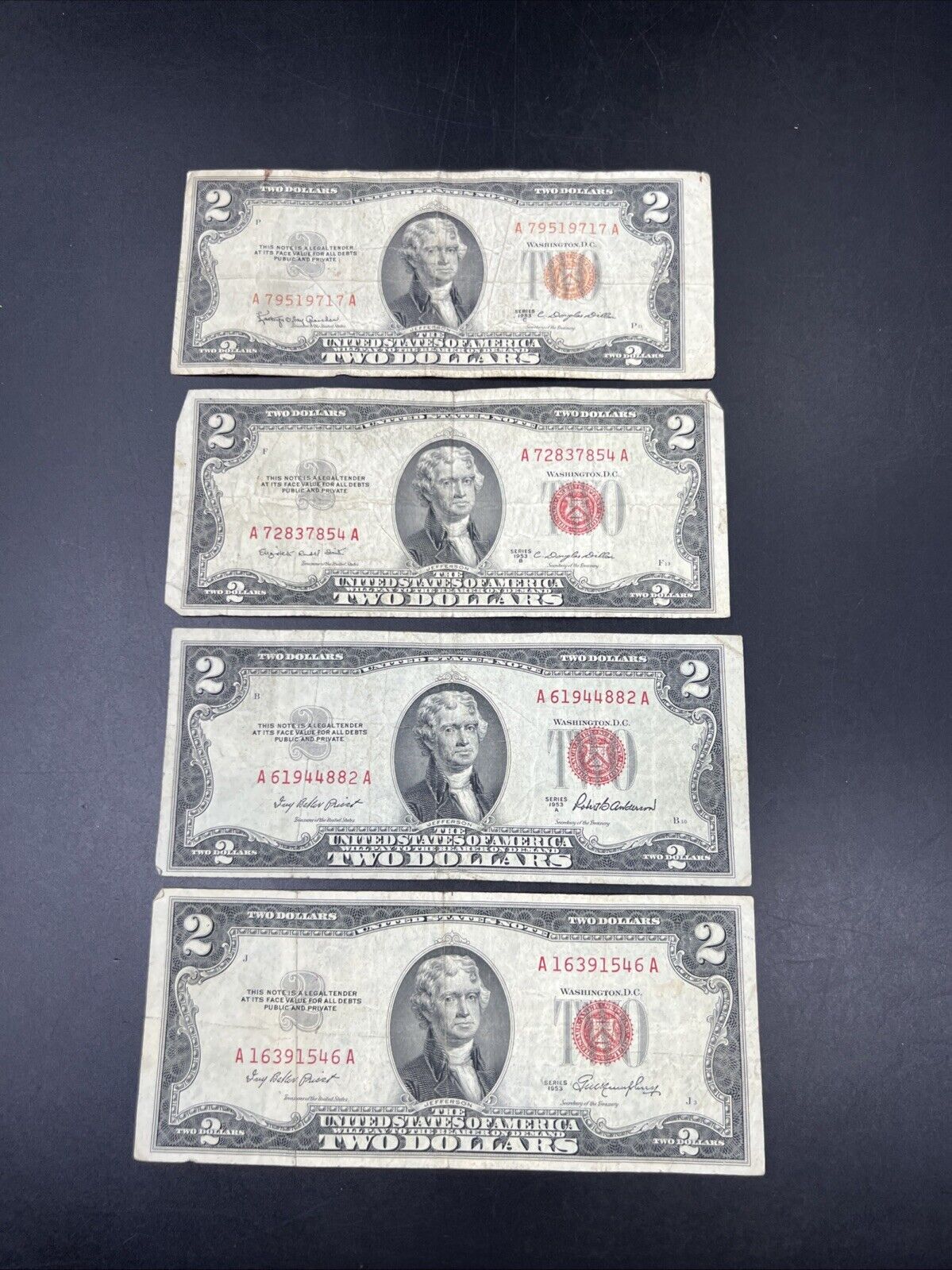 4 NOTE SET 1953 + A B & C $2 Red Seal Legal Tender Currency Note Bills VG #546