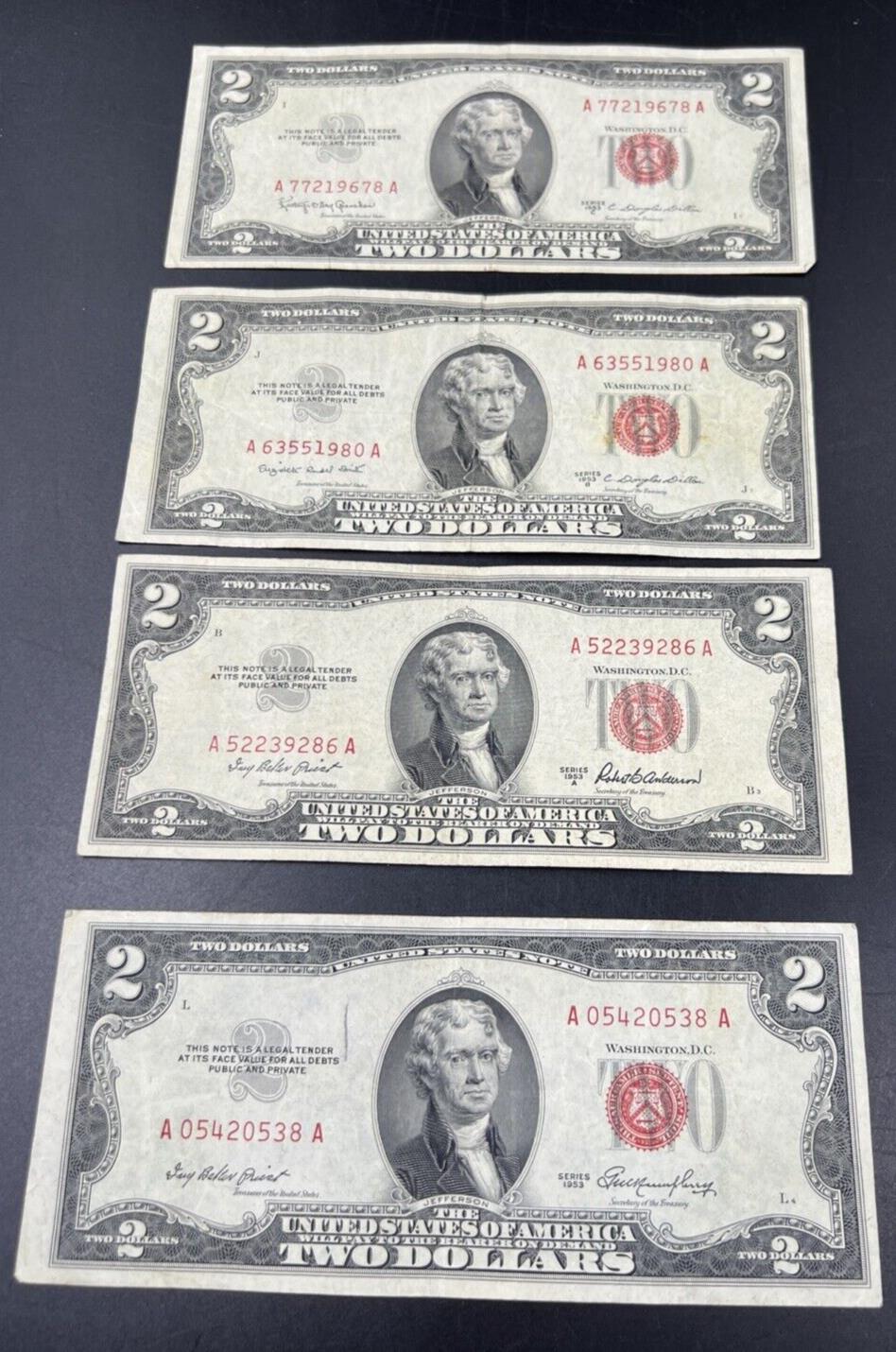 4 NOTE SET 1953 + A B & C $2 Red Seal Legal Tender Currency Note Bills VG #538