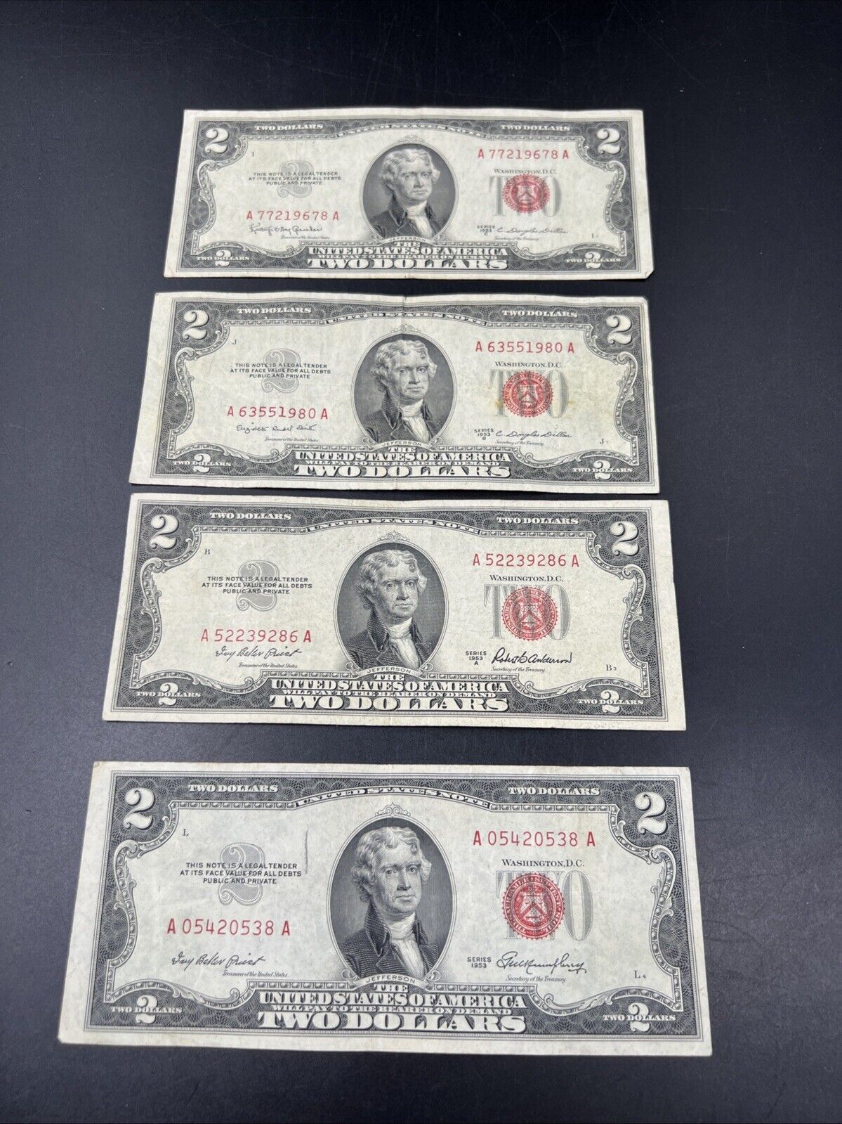 4 NOTE SET 1953 + A B & C $2 Red Seal Legal Tender Currency Note Bills VG #538