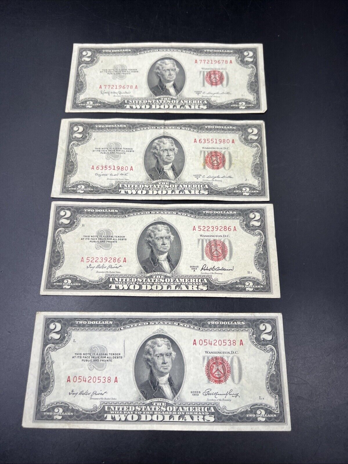 4 NOTE SET 1953 + A B & C $2 Red Seal Legal Tender Currency Note Bills VG #538