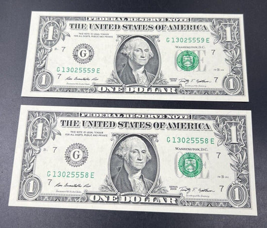 Lot of 2 Consecutive 1988 A $1 One Dollar FRN Federal Reserve Notes Choice UNC