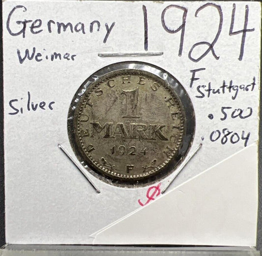 1924 F Weimar Germany 1 Mark Silver Coin VF Very Fine Circulated