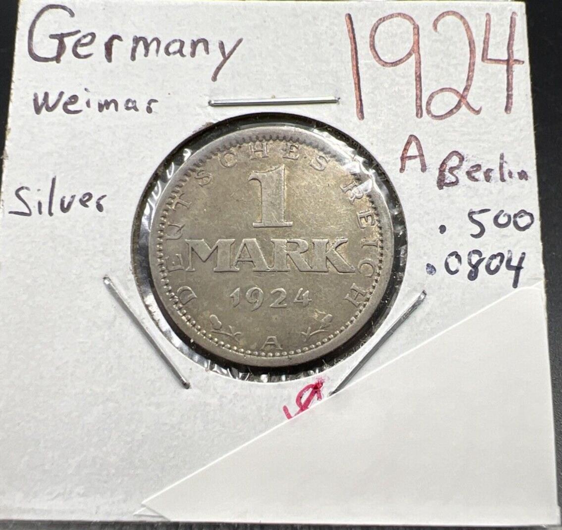 1924 A Weimar Germany 1 Mark Silver Coin XF EF Extra Fine Circulated