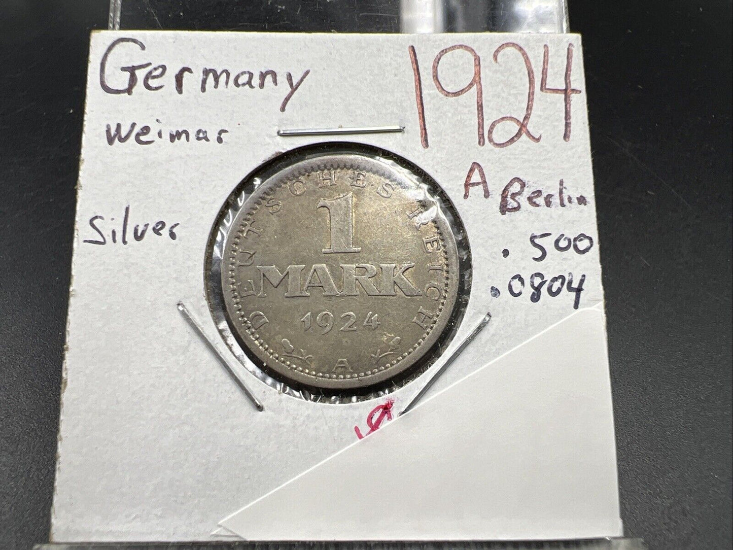 1924 A Weimar Germany 1 Mark Silver Coin XF EF Extra Fine Circulated