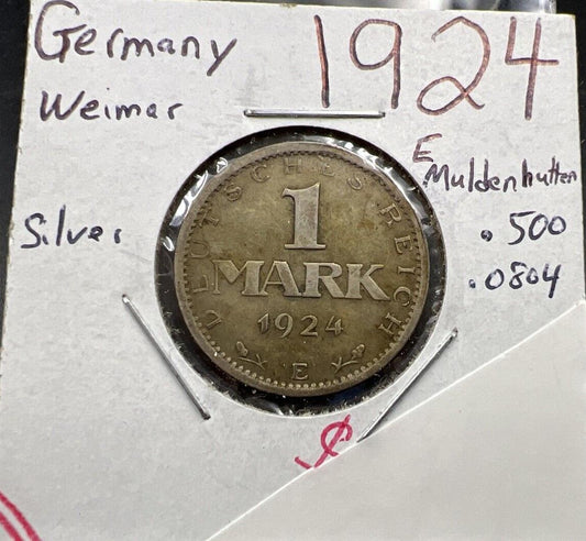 1924 E Weimar Germany 1 Mark Silver Coin VF Very Fine Circulated