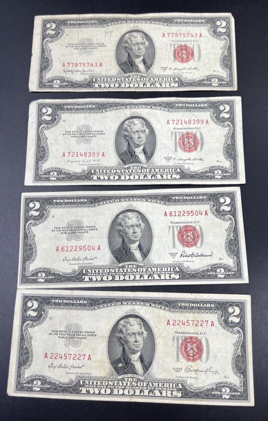 4 NOTE SET 1953 + A B & C $2 Red Seal Legal Tender Currency Note Bills VG #227