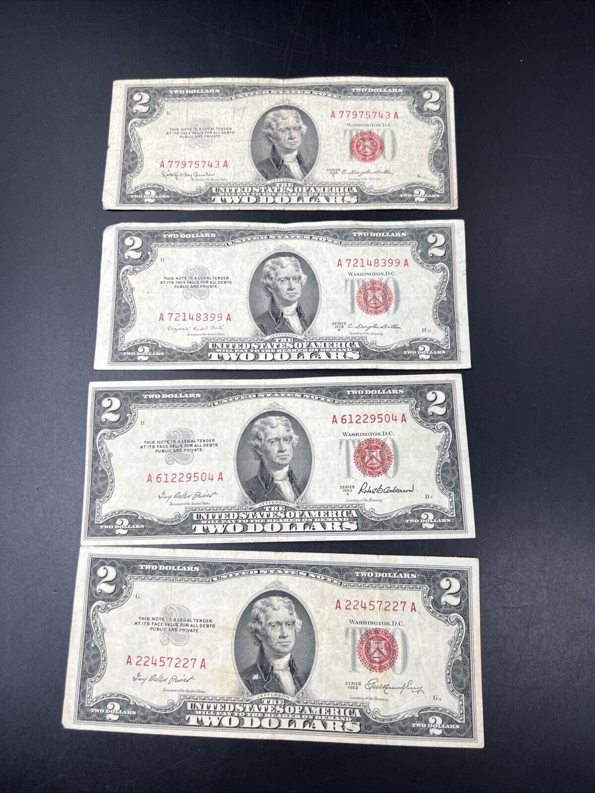 4 NOTE SET 1953 + A B & C $2 Red Seal Legal Tender Currency Note Bills VG #227