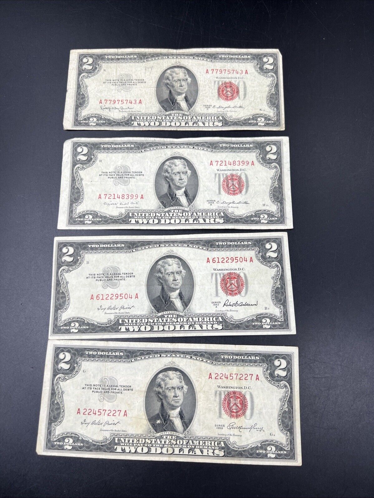 4 NOTE SET 1953 + A B & C $2 Red Seal Legal Tender Currency Note Bills VG #227