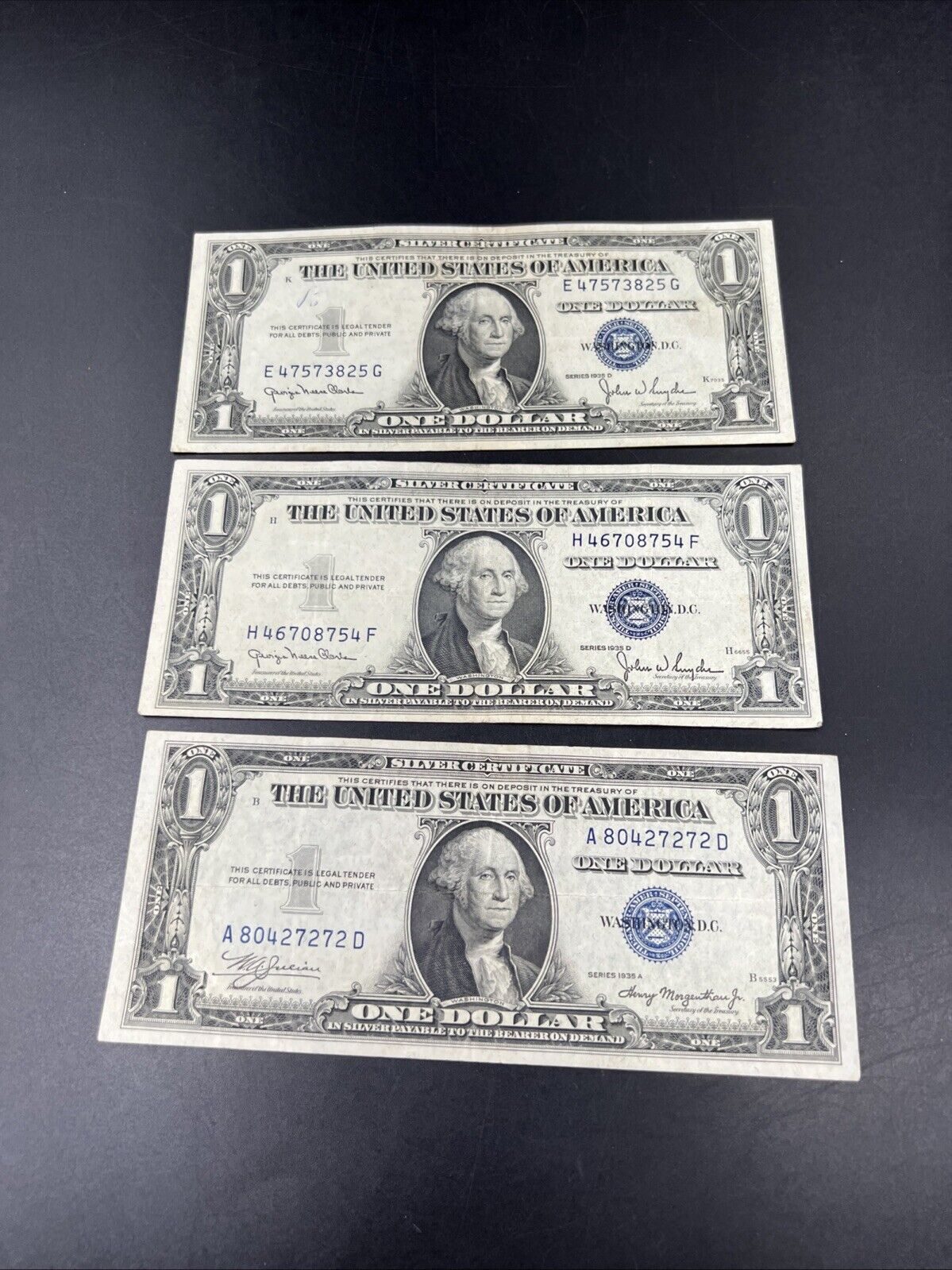 Lot of 3 1935 $1 One Dollar Blue Note Silver Certificates F / VF Conditions #272