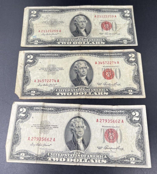 Lot of 3 1953 $2 Two Dollar Red Seal Legal Tender Bills Very Circulated #662