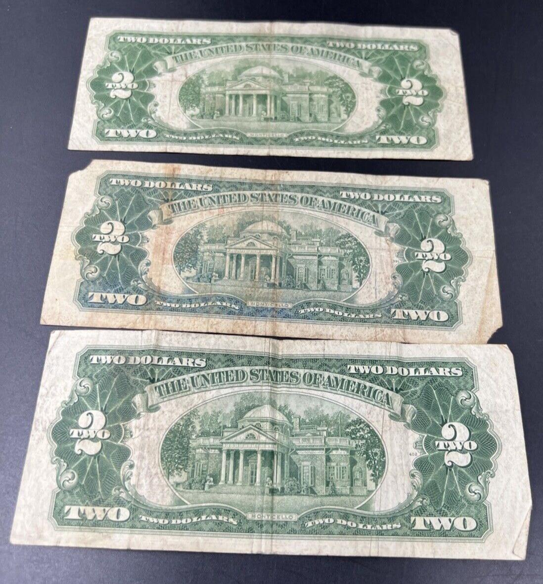 Lot of 3 1953 $2 Two Dollar Red Seal Legal Tender Bills Very Circulated #662