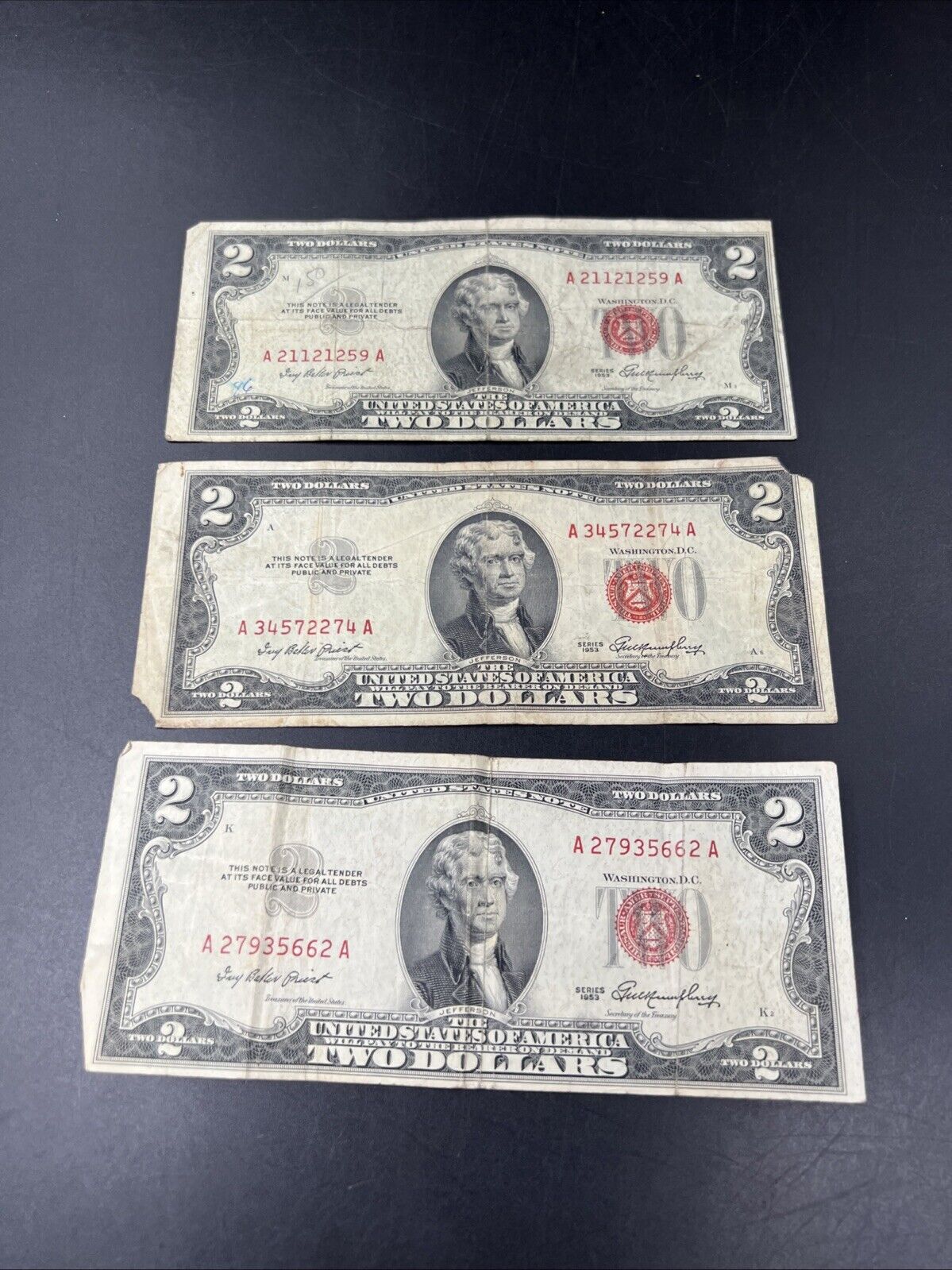 Lot of 3 1953 $2 Two Dollar Red Seal Legal Tender Bills Very Circulated #662