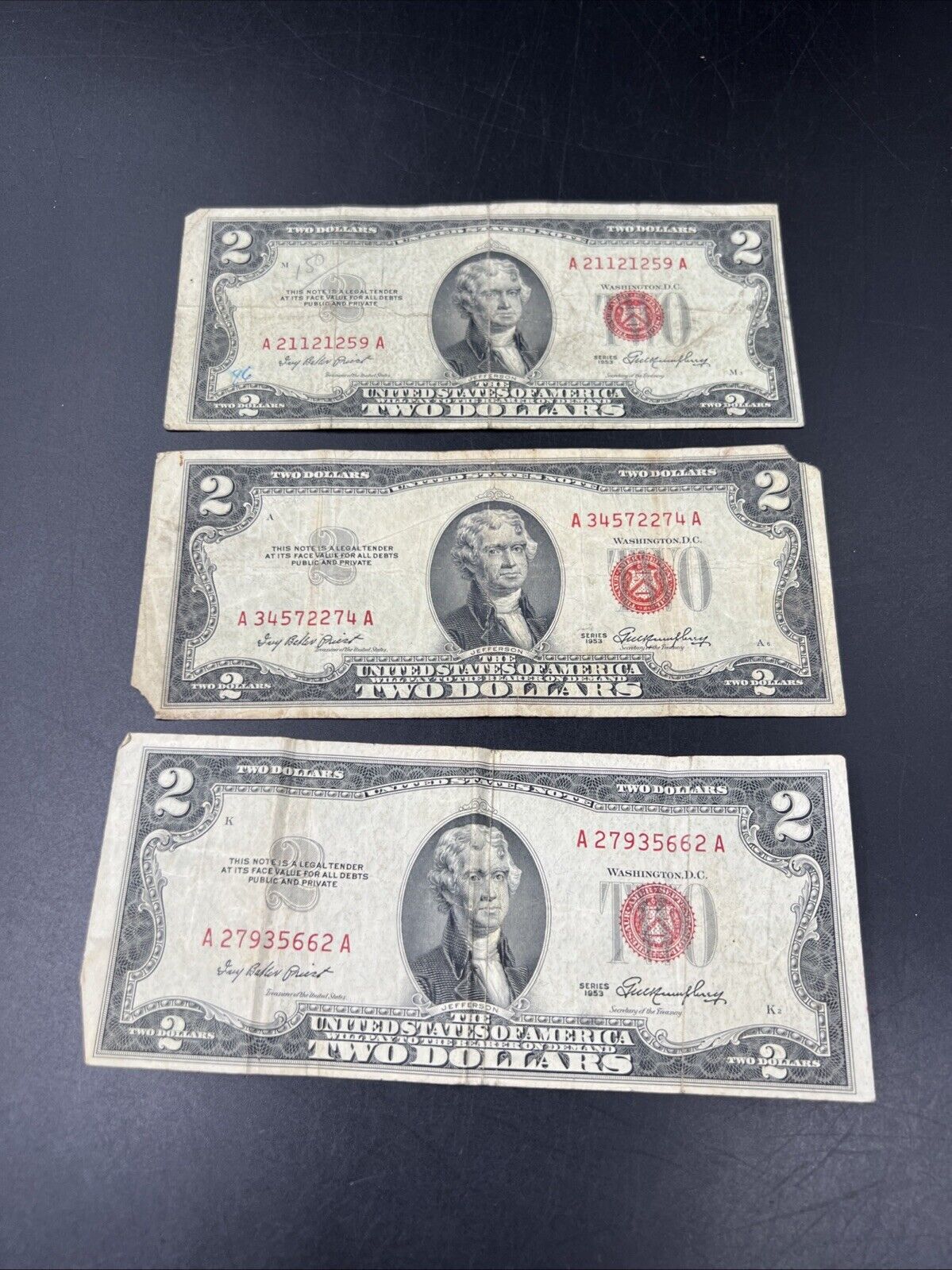 Lot of 3 1953 $2 Two Dollar Red Seal Legal Tender Bills Very Circulated #662