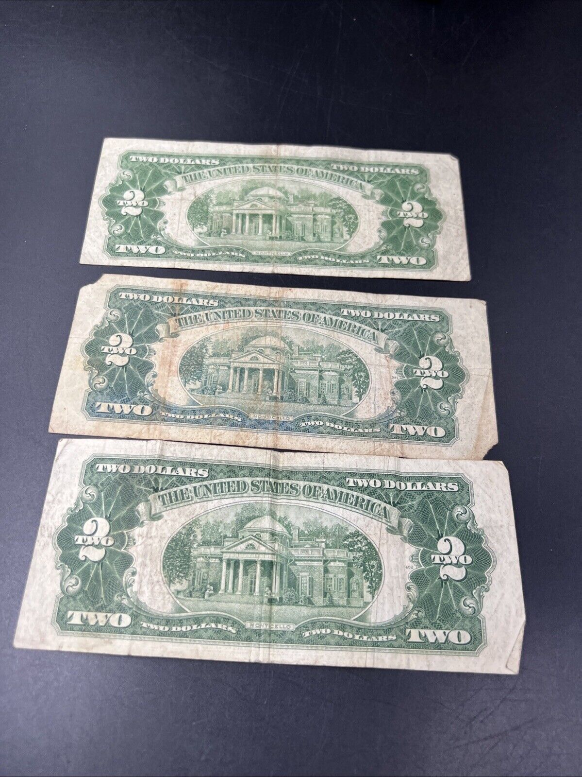 Lot of 3 1953 $2 Two Dollar Red Seal Legal Tender Bills Very Circulated #662