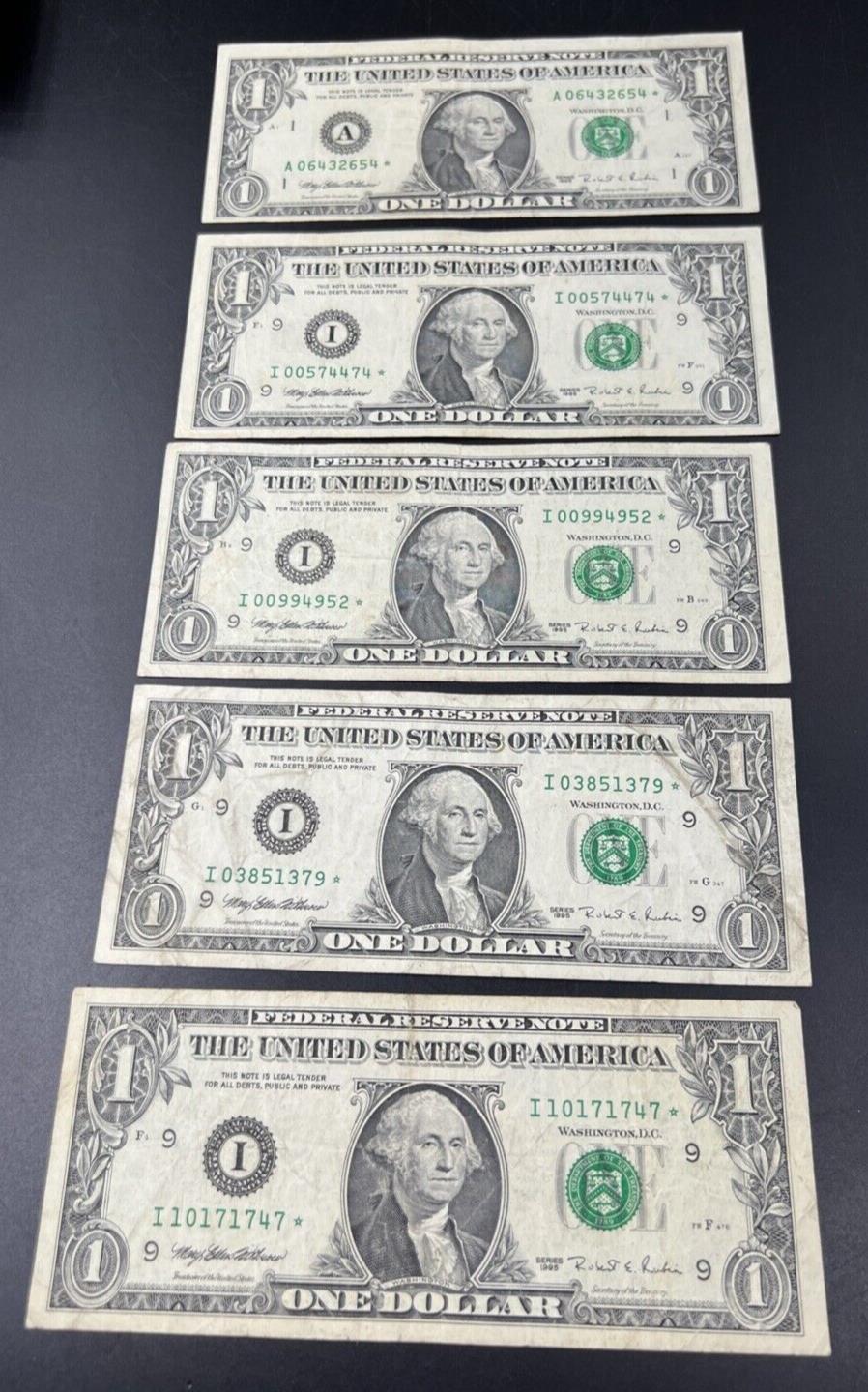 Lot of 5 1995 * Star $1 One Dollar FRN Federal Reserve Notes Circulated #747