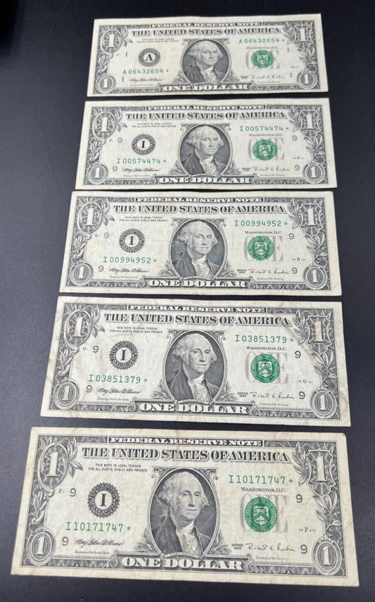 Lot of 5 1995 * Star $1 One Dollar FRN Federal Reserve Notes Circulated #747