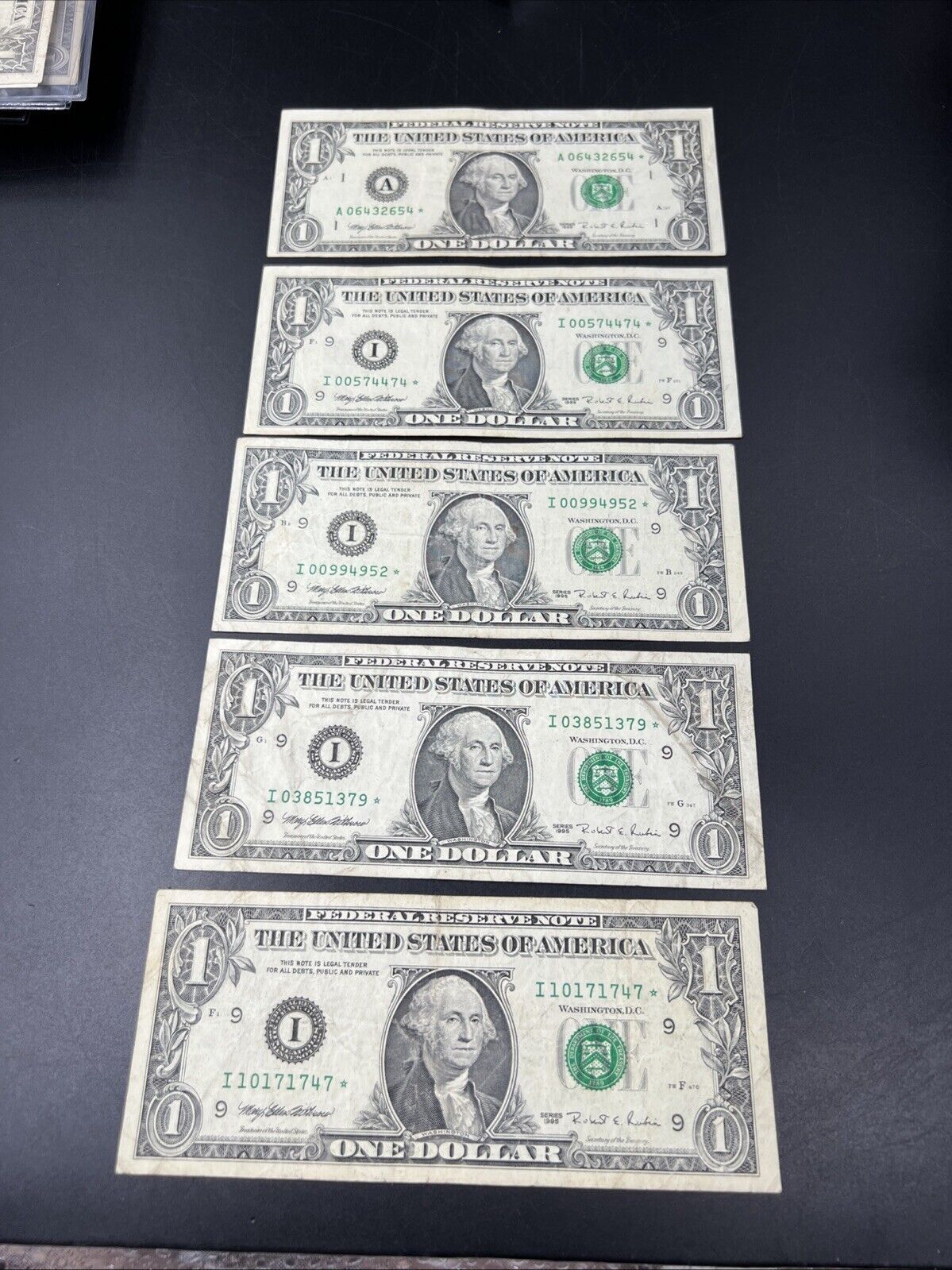 Lot of 5 1995 * Star $1 One Dollar FRN Federal Reserve Notes Circulated #747