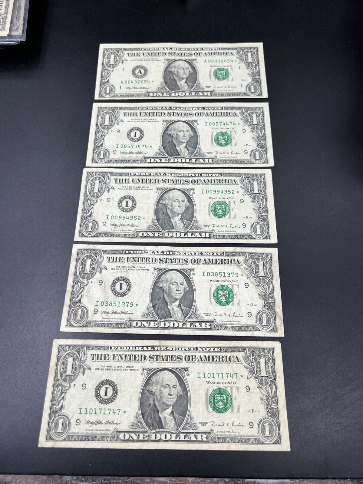 Lot of 5 1995 * Star $1 One Dollar FRN Federal Reserve Notes Circulated #747