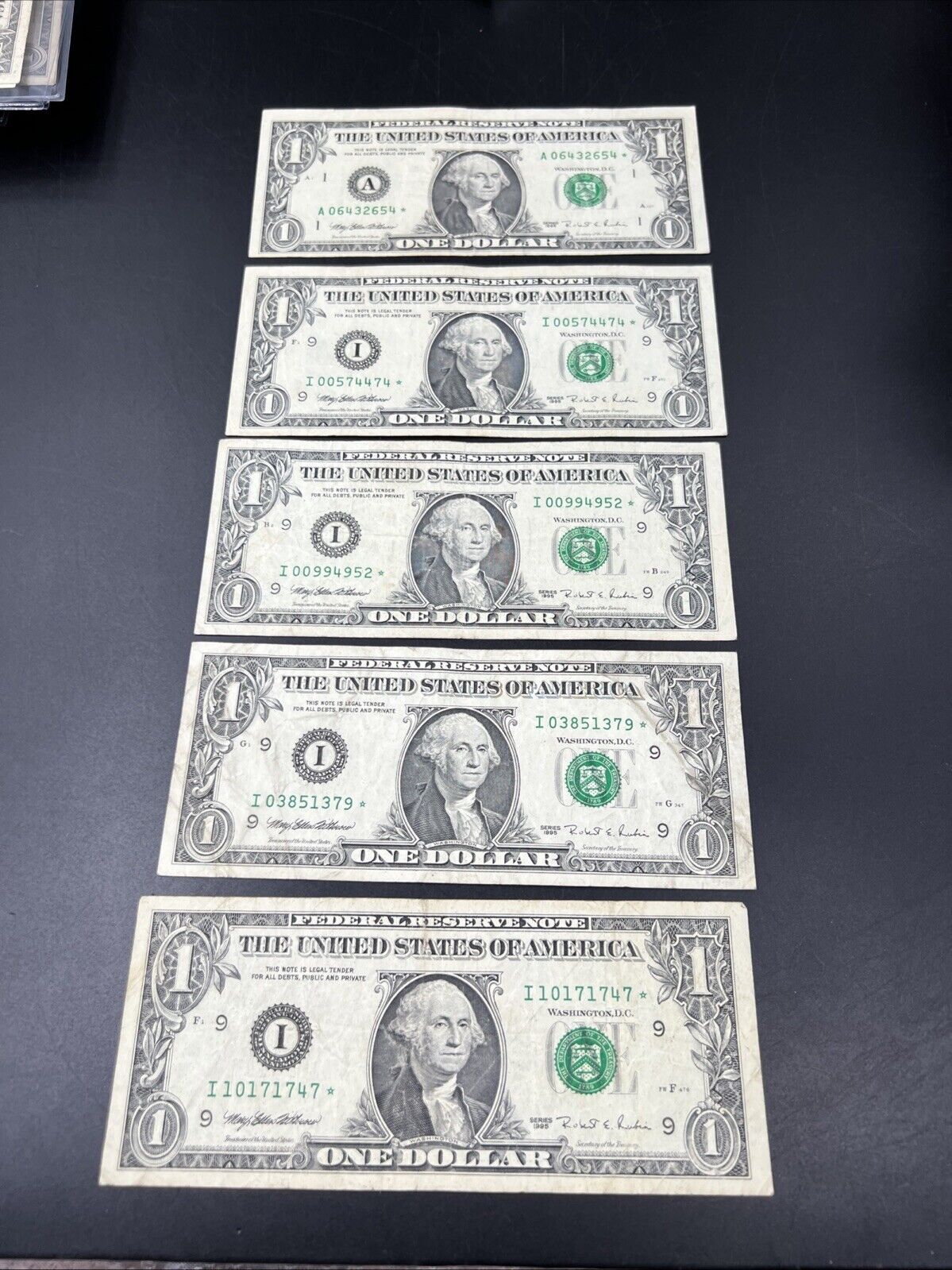 Lot of 5 1995 * Star $1 One Dollar FRN Federal Reserve Notes Circulated #747