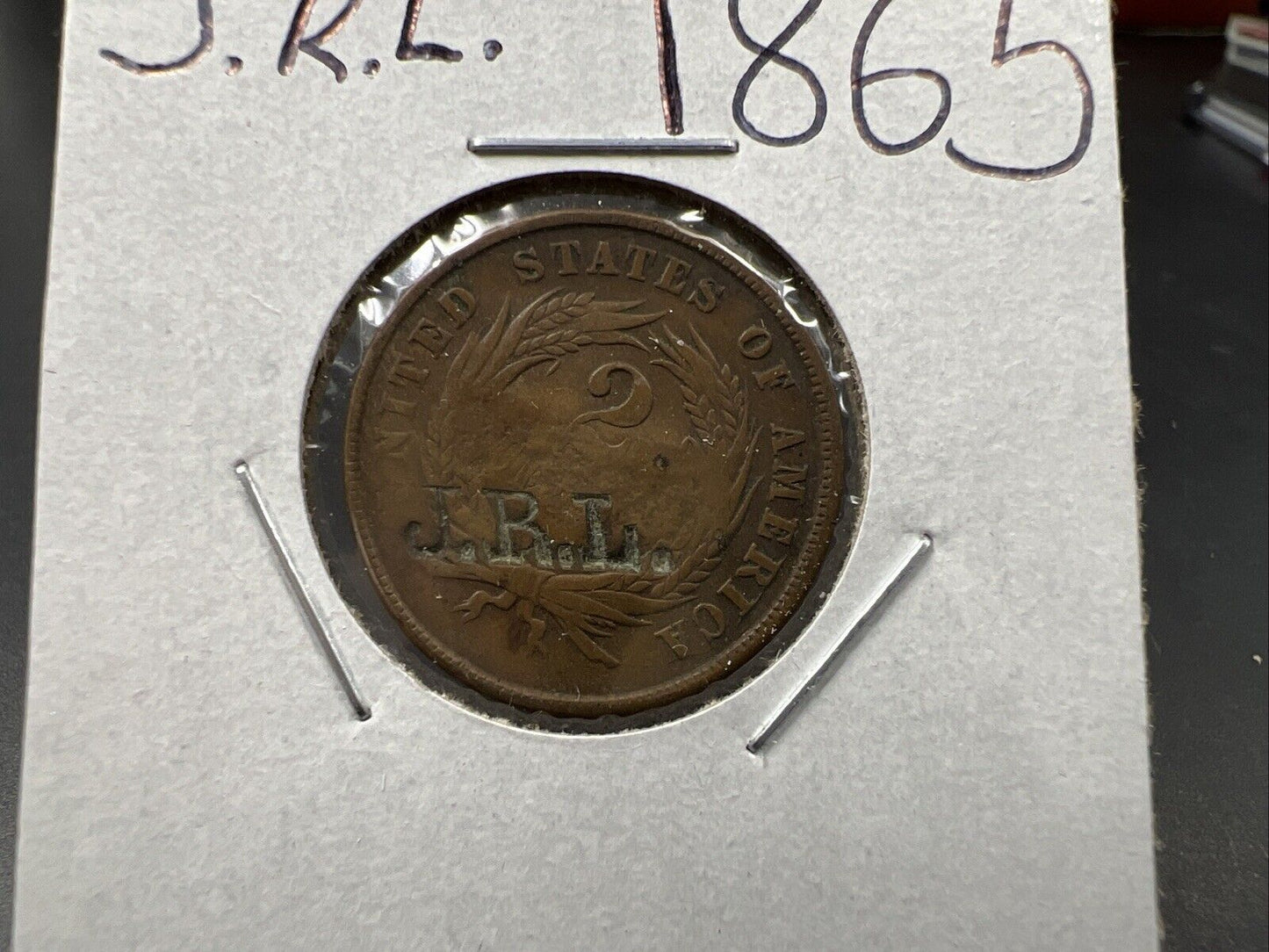 1865 2c Two Cent Coin J R L Initials Counter Stamped AG / G Details