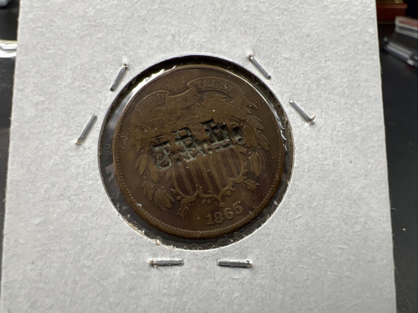 1865 2c Two Cent Coin J R L Initials Counter Stamped AG / G Details