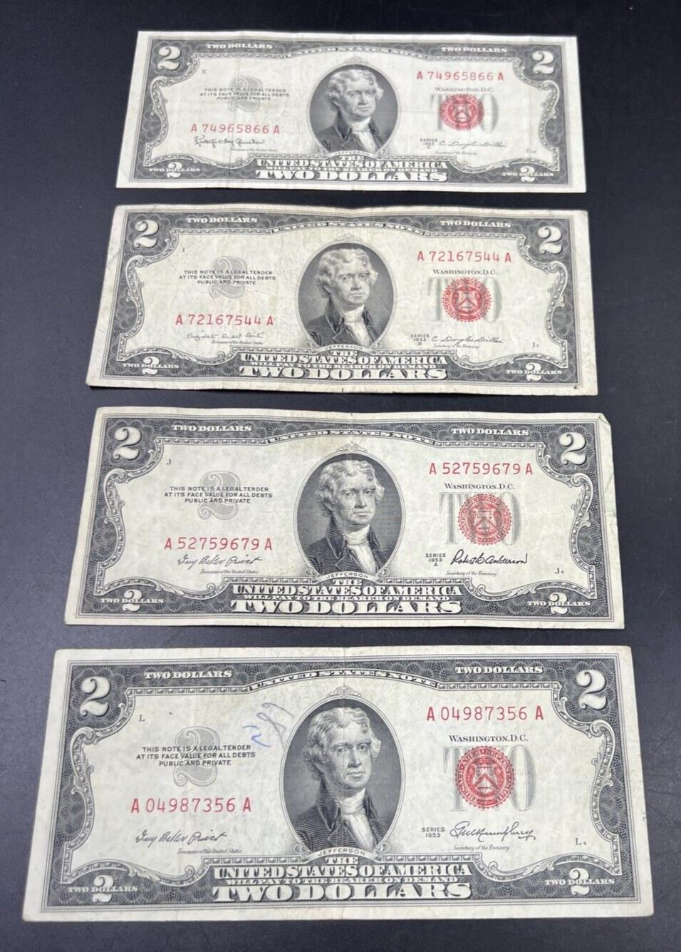 4 NOTE SET 1953 + A B & C $2 Red Seal Legal Tender Currency Note Bills VG #356